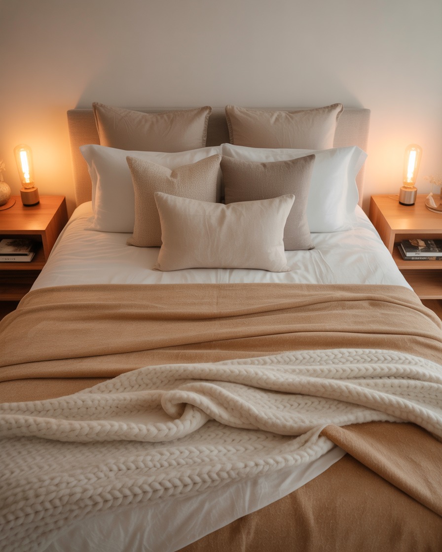 اتاق خواب با گرمای چوب و بافت طبیعی